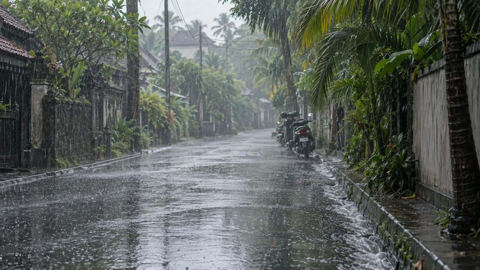 A Bali lane in heavy rain, scooters parked against a wall and water running along the kerb