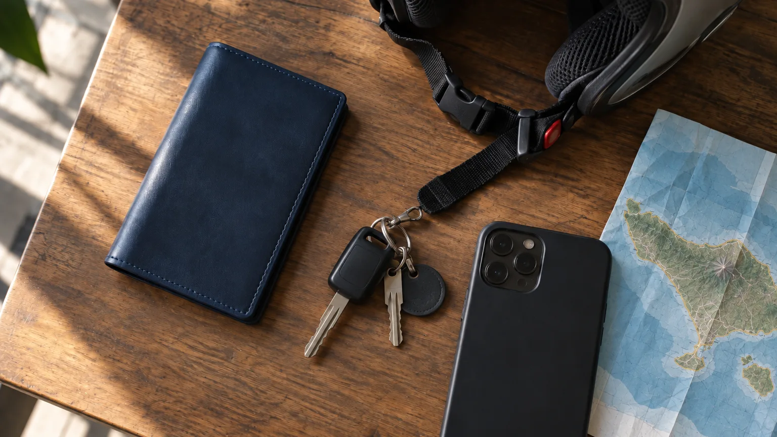 A travel wallet, keys, a phone and a folded map of Bali on a wooden table