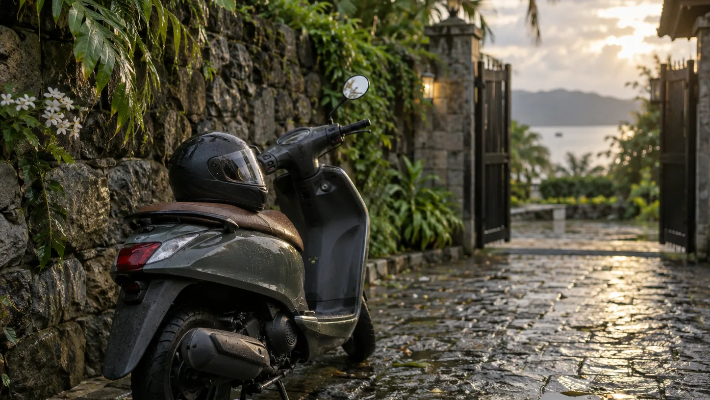 A scooter parked by a stone wall with a full-face helmet on the seat