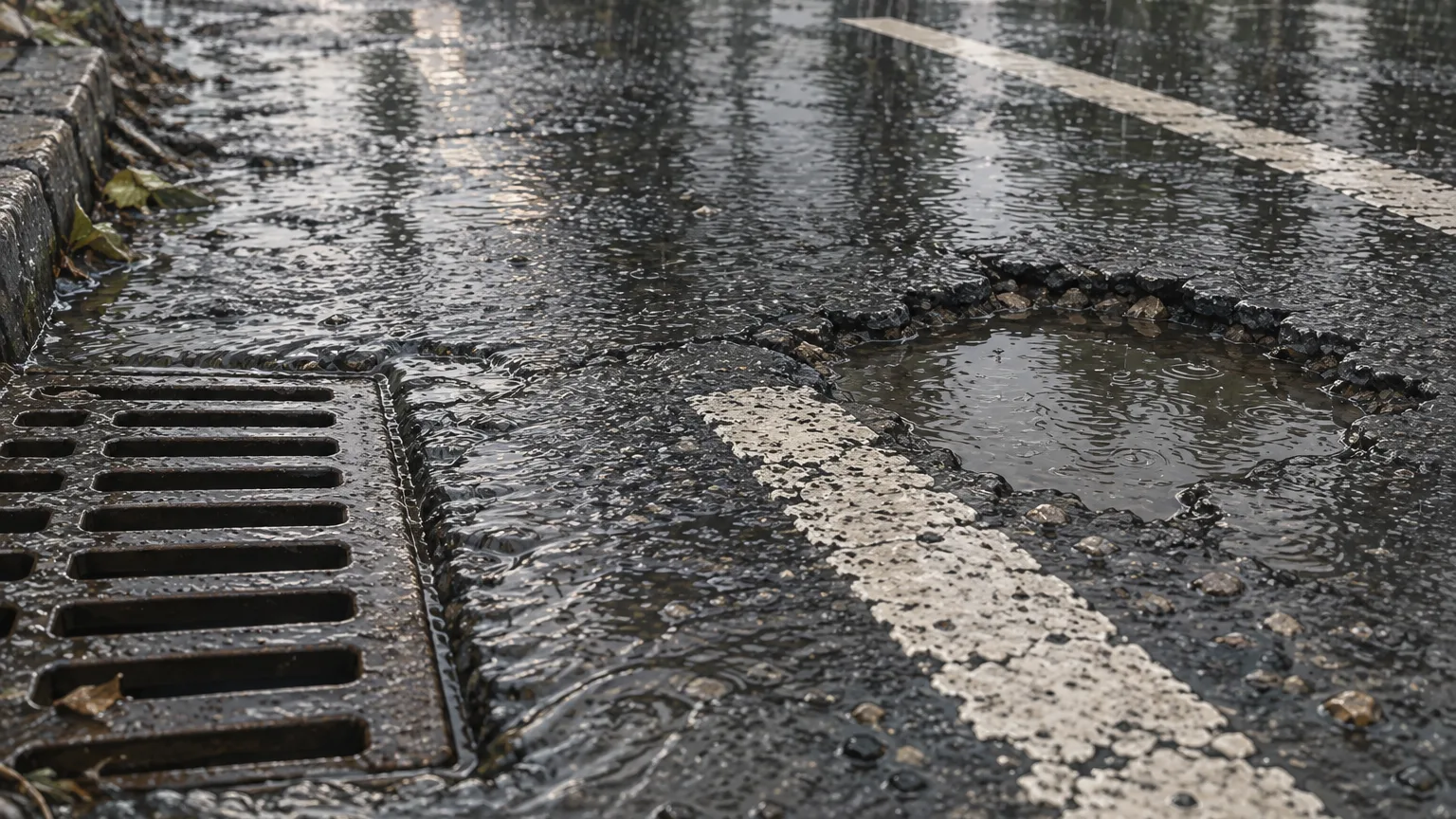Wet asphalt after rain, with a drain grate, painted markings and a pothole filled with water