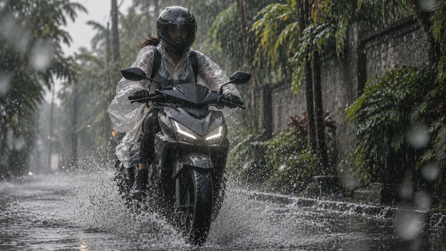 A rider in a poncho, helmet and boots on a scooter through heavy rain in Bali